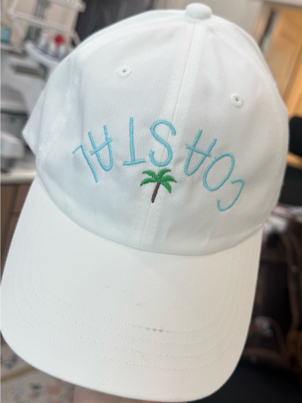 White Baseball Cap with Blue 'COASTAL' Embroidery & Palm Tree